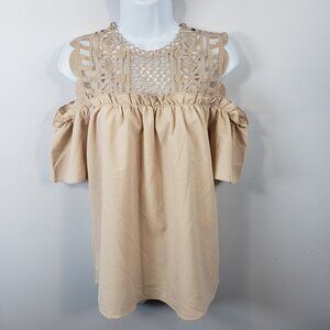 Shein Women’s Size Small Cold Shoulder Short Sleeve Top Beige Eyelet Key / A285